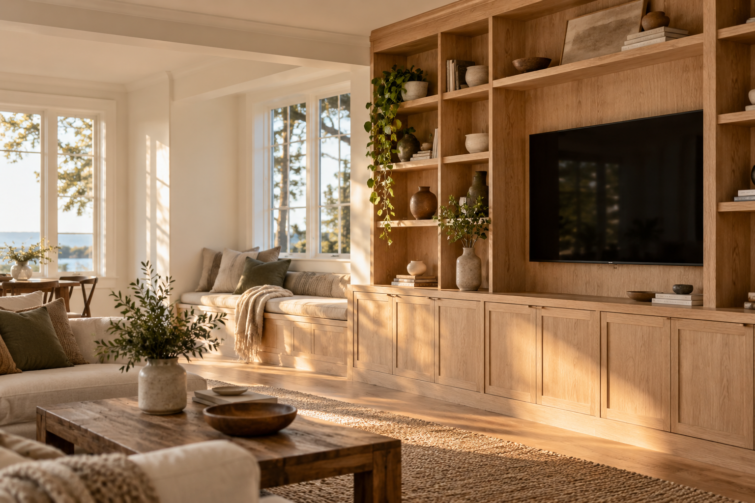 Custom white oak built-in shelving and media wall in a sunlit living room