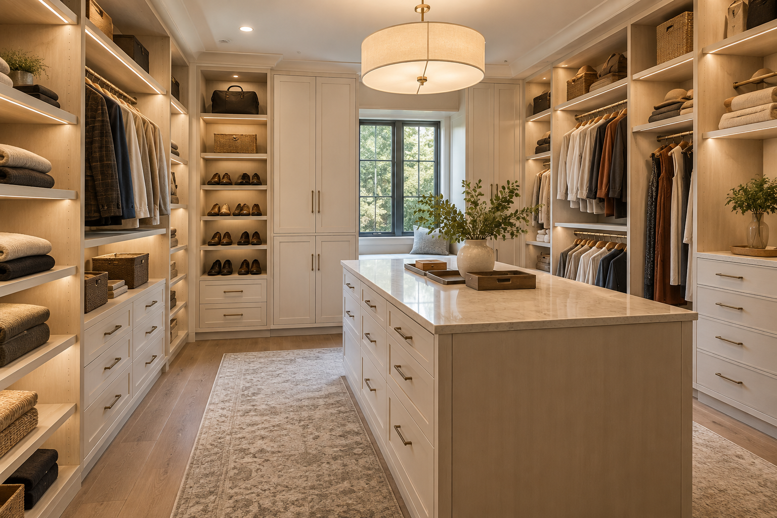 Concept mockup of a custom walk-in closet with drawers and shelves