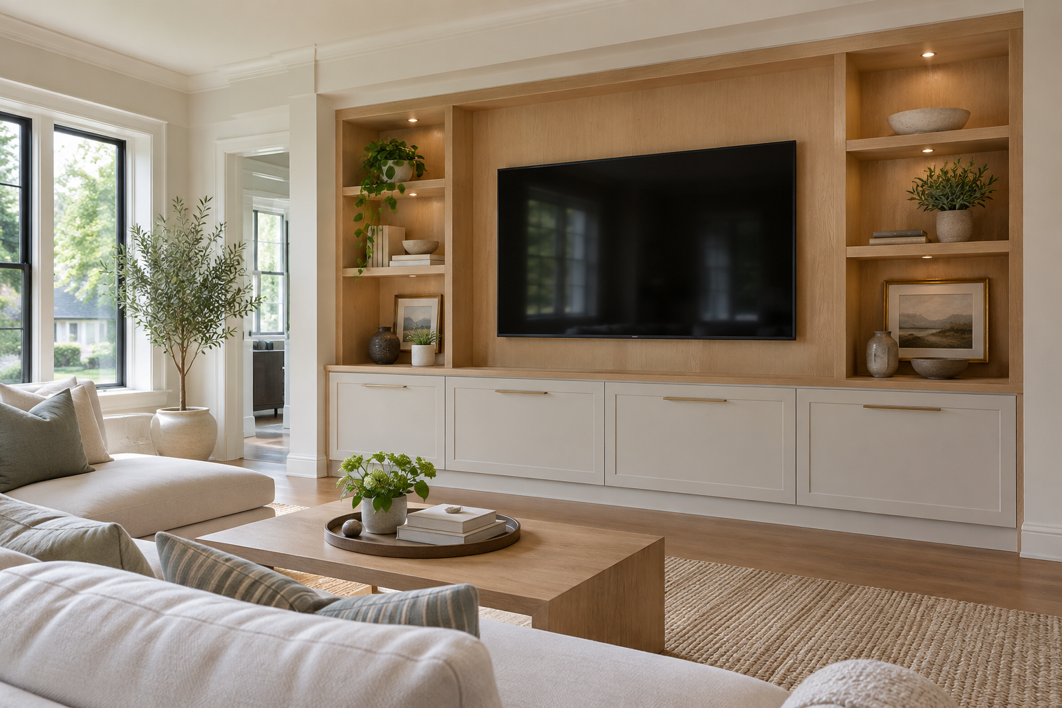 Concept mockup of a custom media wall with cabinet storage